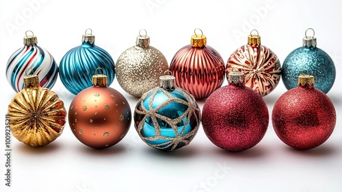 Colorful Christmas Ornaments on White Background