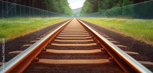 An expansive view of railway tracks leading into the horizon, framed by lush greenery on either side, capturing the essence of a tranquil journey through nature.