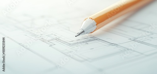Close-up of an orange pencil on architectural blueprints, showcasing detailed floor plans and design elements with a clean background.