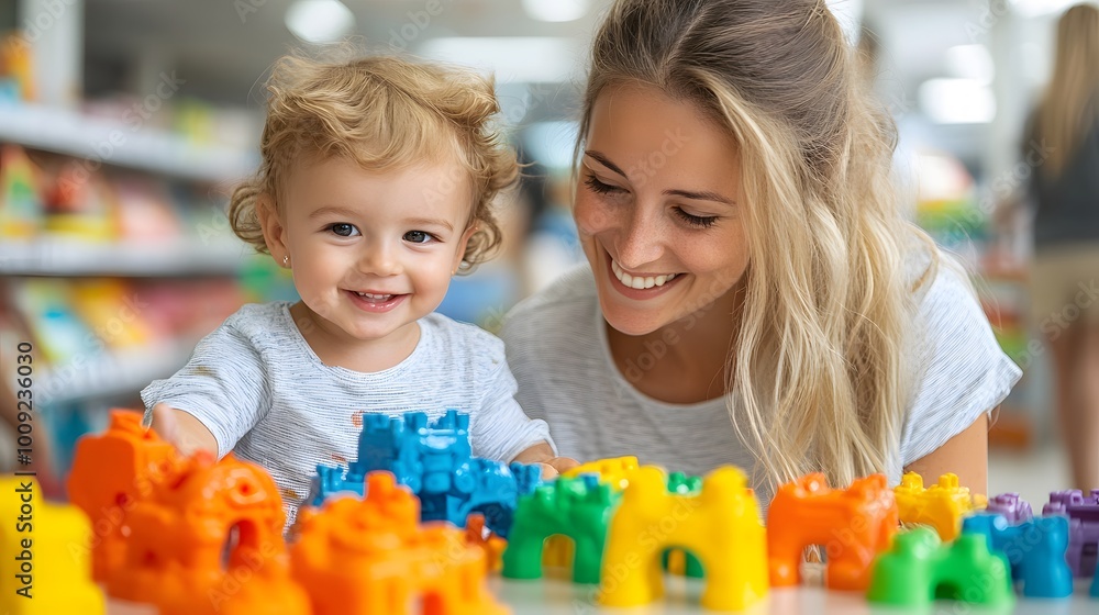 Mother and young child browsing colorful toy aisles in a bright, modern store, both smiling while exploring products Mother and young child browsing colorful toy aisles in a bright, modern store, both smiling while exploring products