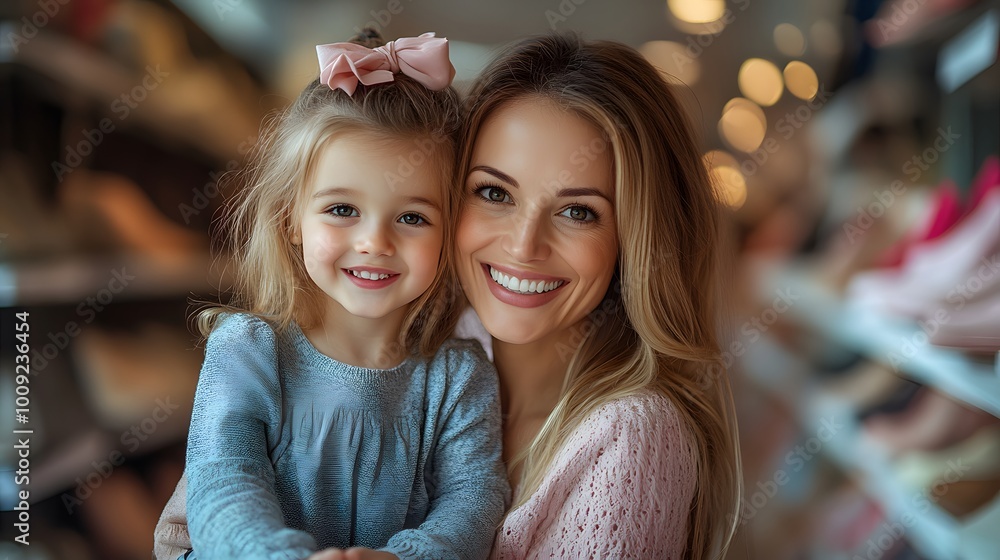 Mother and little girl shopping for shoes in a modern department store, trying on new pairs together, smiling and playful Mother and little girl shopping for shoes in a modern department store, trying on new pairs together, smiling and playful