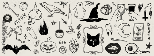 Halloween horror sticker sketch set. Hand drawn witchcraft doodle elements. Halloween and magic sketch icons. Pumpkin, ghost, skull, black cat, pot, hat. Witch and devil drink wine. Cat in mirror.