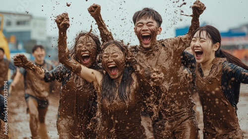 A group of friends covered in mud celebrating after completing a muddy obstacle course at the Boryeong Mud Festival. photo