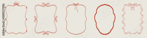 Hand drawn retro vintage bows and ribbons borders for social media template design in elegant line coquette style. Frame drawings for greeting card, wedding invitation and birthday party, picnic menu.