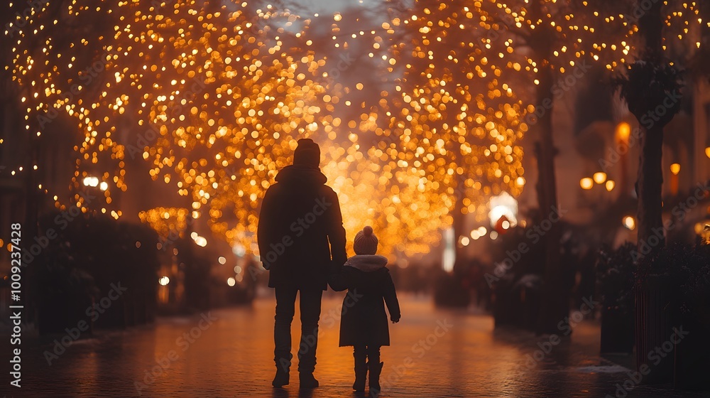 Family shopping for Christmas lights and tree skirts, standing near a beautifully lit store display with holiday decor Family shopping for Christmas lights and tree skirts, standing near a beautifully lit store display with holiday decor