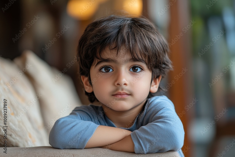 Innocent boy sitting at home, Generative AI Innocent boy sitting at home, Generative AI