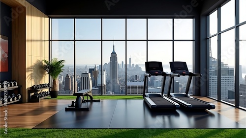 modern gym interior with city view for fitness lifestyle magazines and sport facility ads | high tech smart treadmill exercise equipment machine
