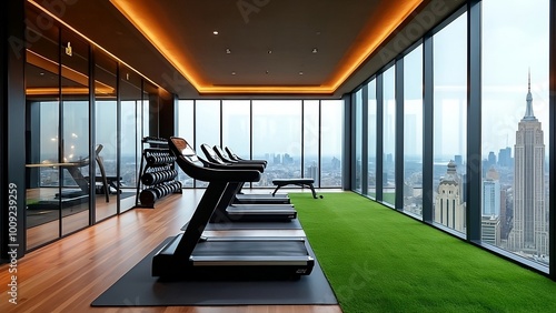 modern gym interior with city view for fitness lifestyle magazines and sport facility ads | high tech smart treadmill exercise equipment machine