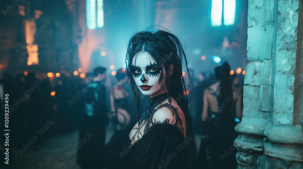 Fototapeta premium Woman in gothic makeup and costume at a mysterious party in a dimly lit ancient hall.