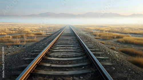 A set of railroad tracks stretch out into the distance in a misty field