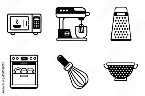 Collection of kitchen appliances including microwave, stand mixer, grater, dishwasher, whisk, and colander