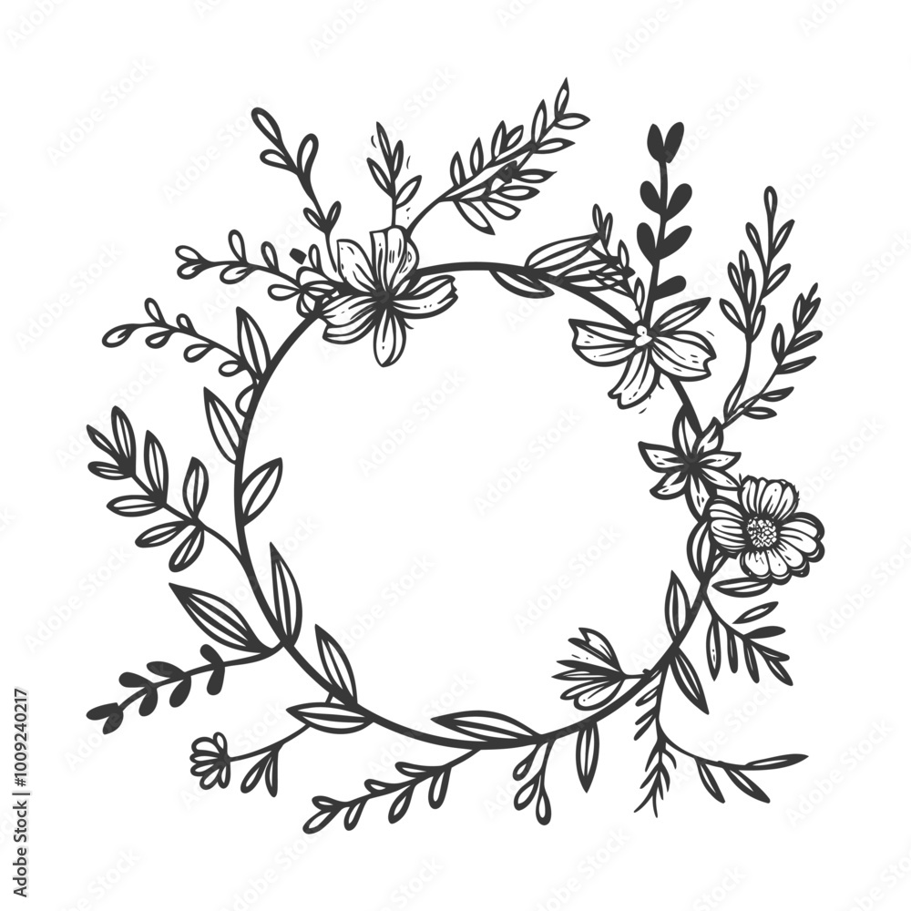 Black and White Floral Wreath with Delicate Flowers and Leaves Black and White Floral Wreath with Delicate Flowers and Leaves