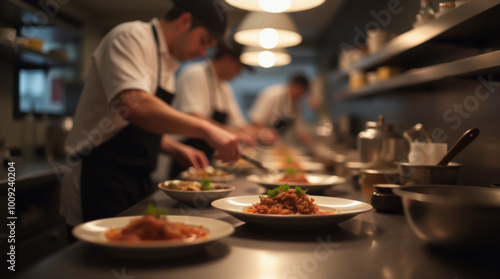 Three chefs work in a professional kitchen, one of them serves a dish with pasta and side dish