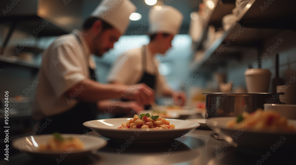 Culinary art in action, chefs working in a professional kitchen Culinary art in action, chefs working in a professional kitchen