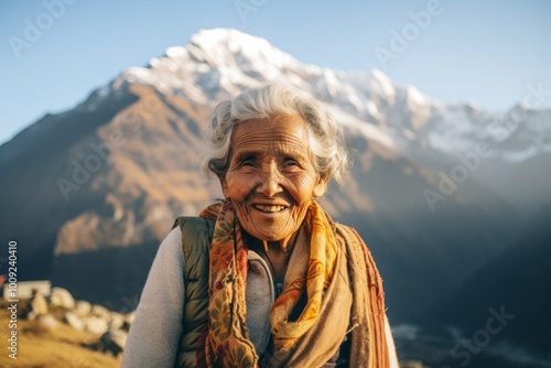 Portrait of a grinning indian woman in her 60s showing off a thermal merino wool top in backdrop of mountain peaks