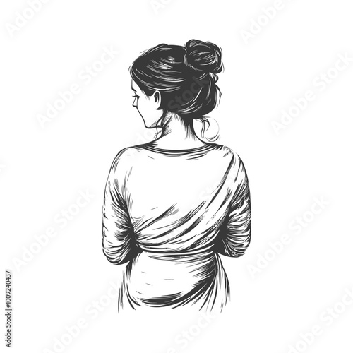Back view of a woman with long hair in a bun drawn in black and white