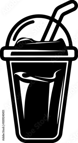 Black cold drink cup icon with straw