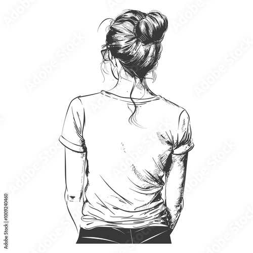 Back view of a woman with hair in a bun wearing a t shirt