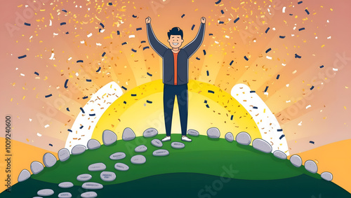 Personal Triumph: Illustration of a Person Celebrating at the Top of a Hill with Confetti and Rising Sun