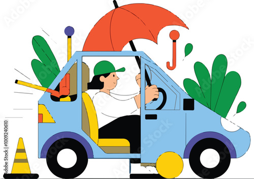 Two men having car accident isolated flat vector illustration. Cartoon people looking at automobile damage.