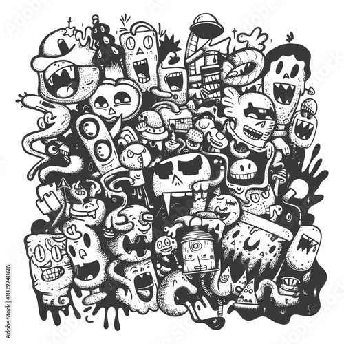 Black and White Doodle Illustration of Various Cartoon Monsters