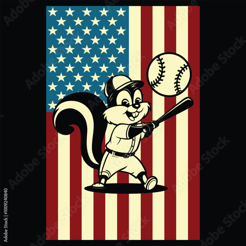 Baseball Squirrel USA Flag Patriotic Gift T Shirt