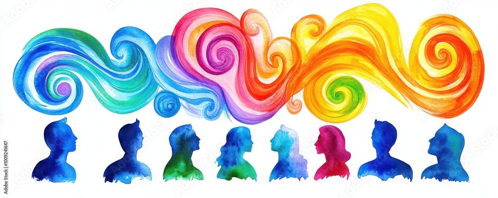 Meeting of minds, colorful swirls of ideas connecting, watercolor style Meeting of minds, colorful swirls of ideas connecting, watercolor style