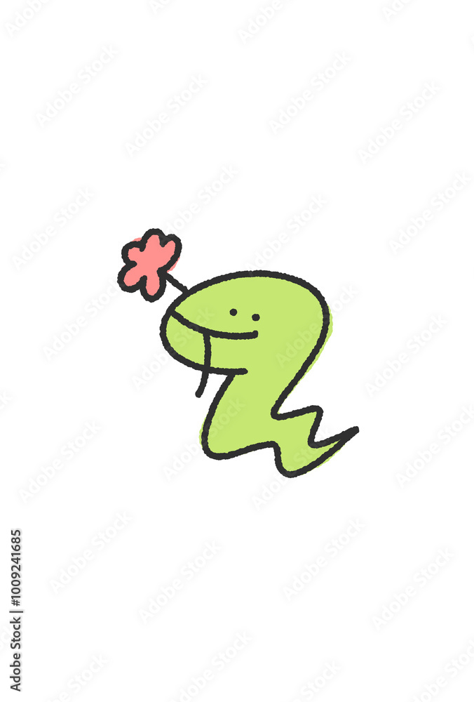 花をくわえる可愛い蛇のイラスト 年賀状素材 線画 手描き 花をくわえる可愛い蛇のイラスト 年賀状素材 線画 手描き