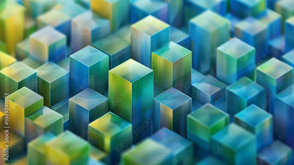 Seamless pattern of cubes in blue, green and yellow colors, arranged with perfect distances between them, creating an isometric effect. Seamless pattern of cubes in blue, green and yellow colors, arranged with perfect distances between them, creating an isometric effect.