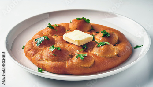 A plate of buttery, herb-topped Indian bread, showcasing a traditional dish.