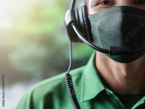 Man in uniform and mask in call center