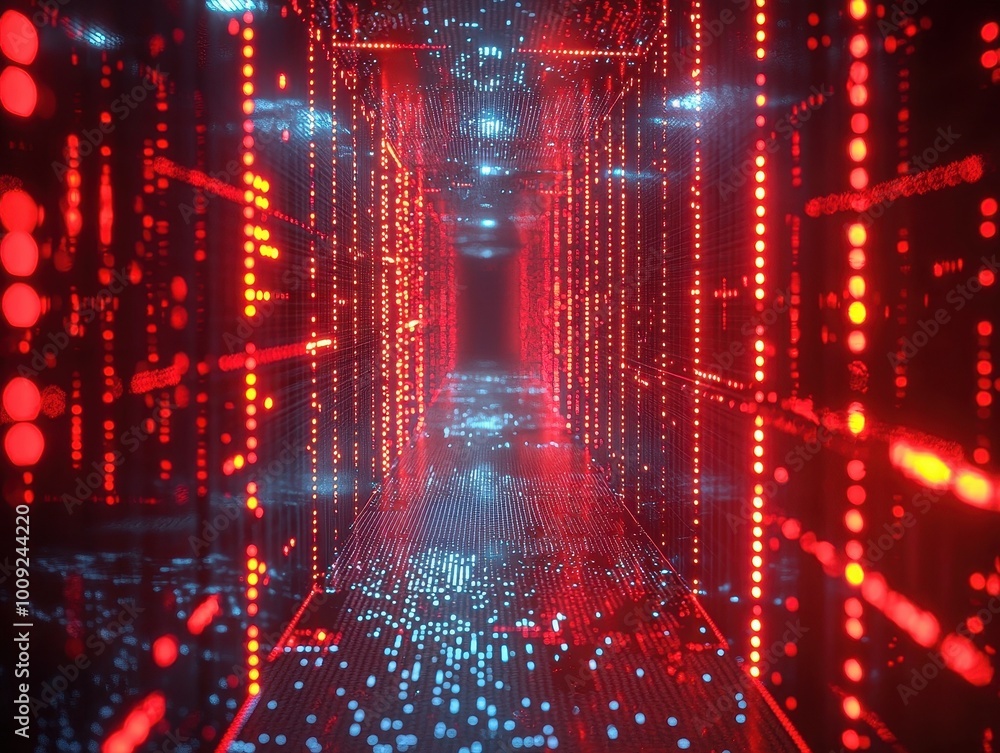 A futuristic hallway with red and blue lights. A futuristic hallway with red and blue lights.