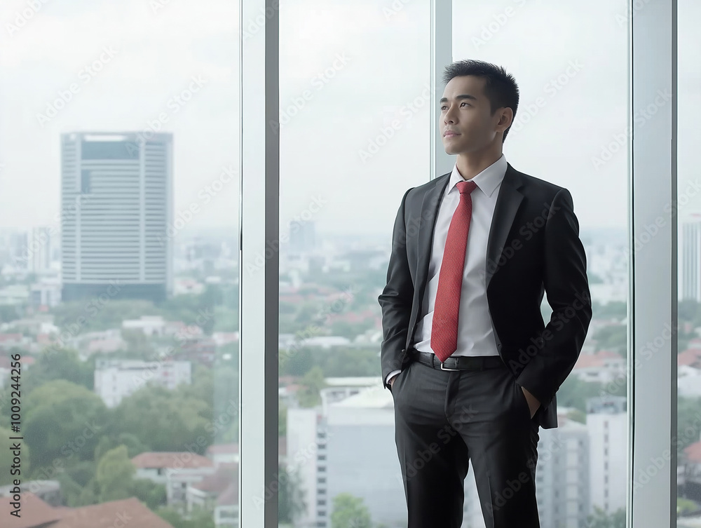 Fototapeta premium Young asian business man stand with hands in pocket