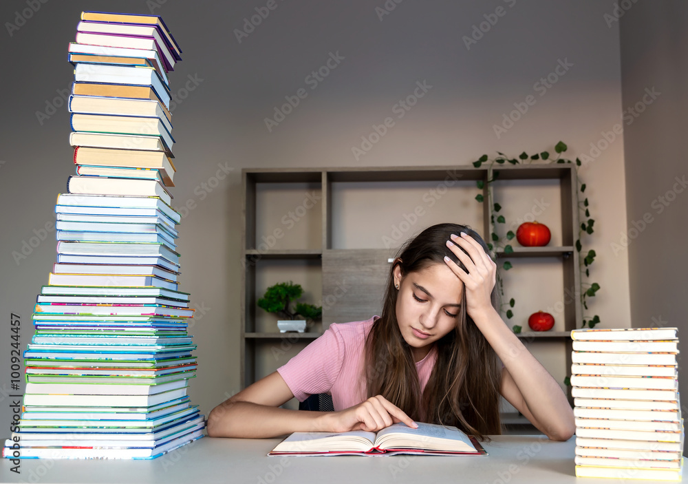 Young girl studying with tall stacks of books. A young girl sitting at a desk with two large stacks of books on either side, reading intently. Young girl studying with tall stacks of books. A young girl sitting at a desk with two large stacks of books on either side, reading intently.
