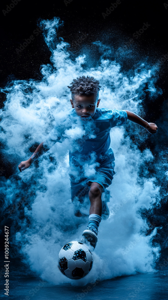 Fototapeta premium Young boy wearing blue sports gear running and kicking a soccer ball through thick smoke, with intense focus and determination in a dramatic studio setting..