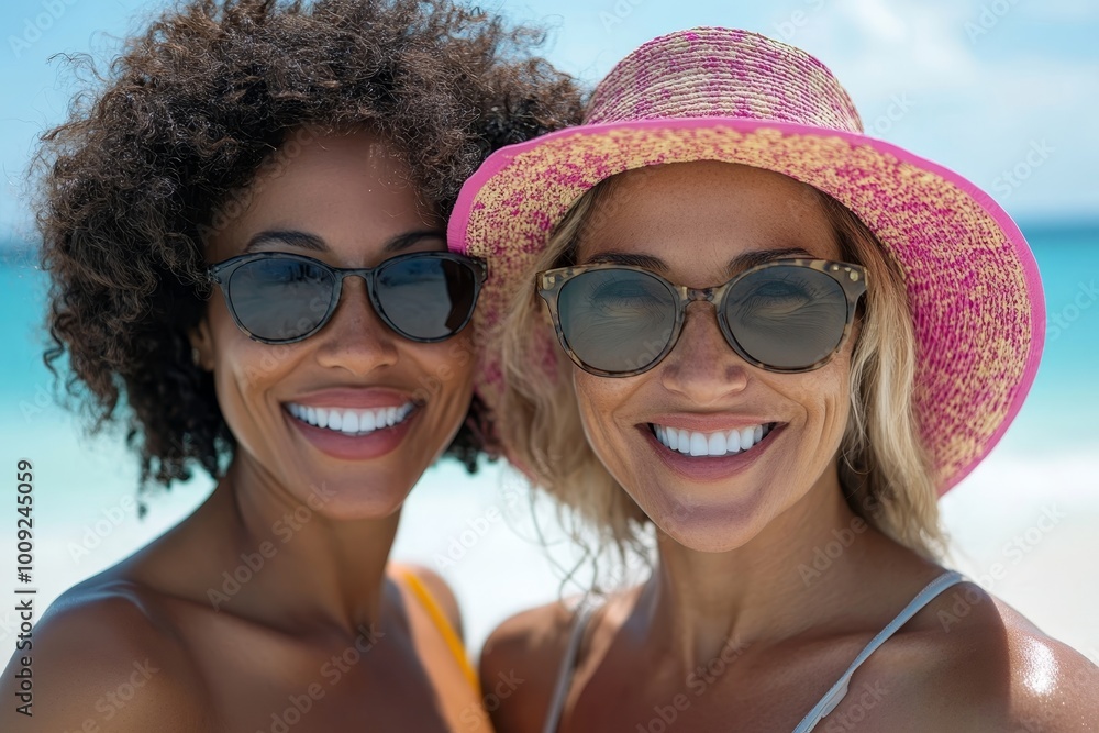 Two women enjoying a beach vacation, smiling and bonding, Generative AI Two women enjoying a beach vacation, smiling and bonding, Generative AI