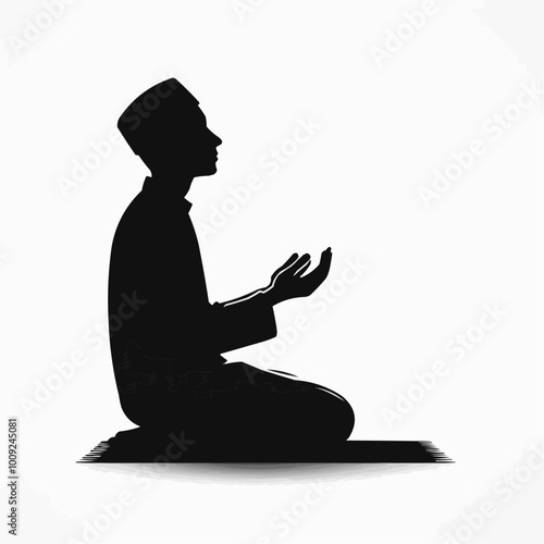 Silhouette vector of Muslim person praying on a white background.	