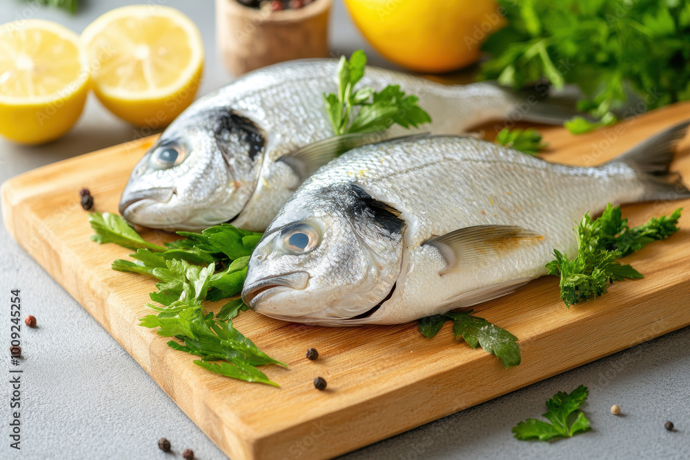 Fresh dorado fish with herbs and lemon on a wooden board for cooking inspiration Fresh dorado fish with herbs and lemon on a wooden board for cooking inspiration
