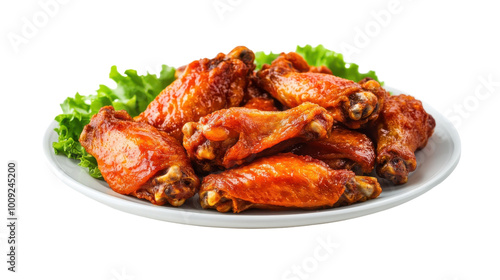 Savory and spicy chicken wings garnished with fresh lettuce on a plate, on the transparent background. PNG Format photo