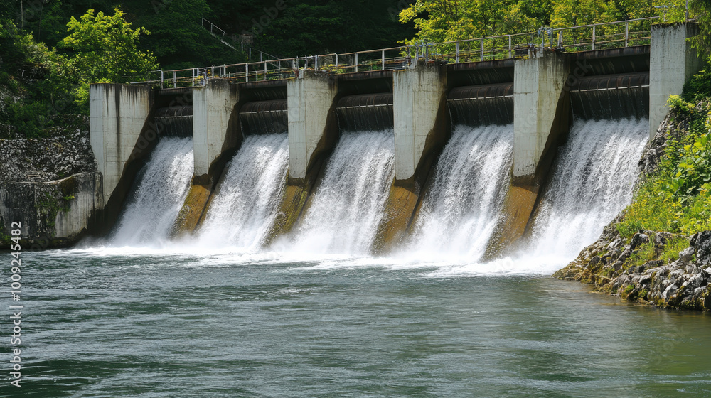 Hydroelectric dam with water flowing through spillways Hydroelectric dam with water flowing through spillways