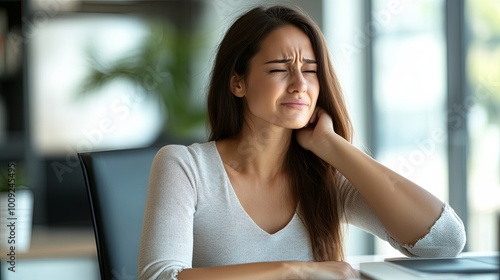 A woman sitting at a desk shows discomfort, touching her neck, possibly indicating stress or pain. Free Download A woman sitting at a desk shows discomfort, touching her neck, possibly indicating stress or pain. - GFXLoad