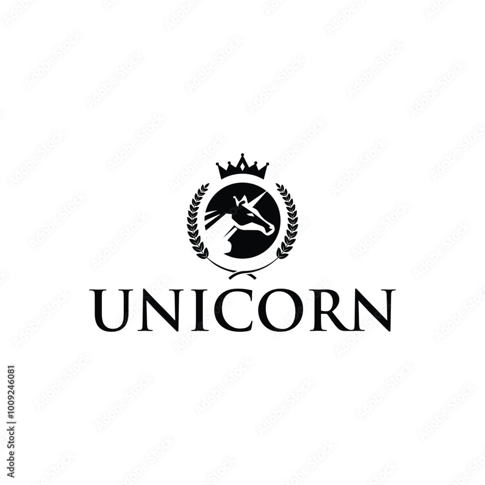 Fototapeta premium Regal Unicorn Logo Design with Crown and Laurel in Elegant Typography