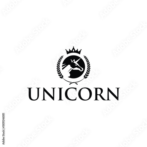 Regal Unicorn Logo Design with Crown and Laurel in Elegant Typography photo