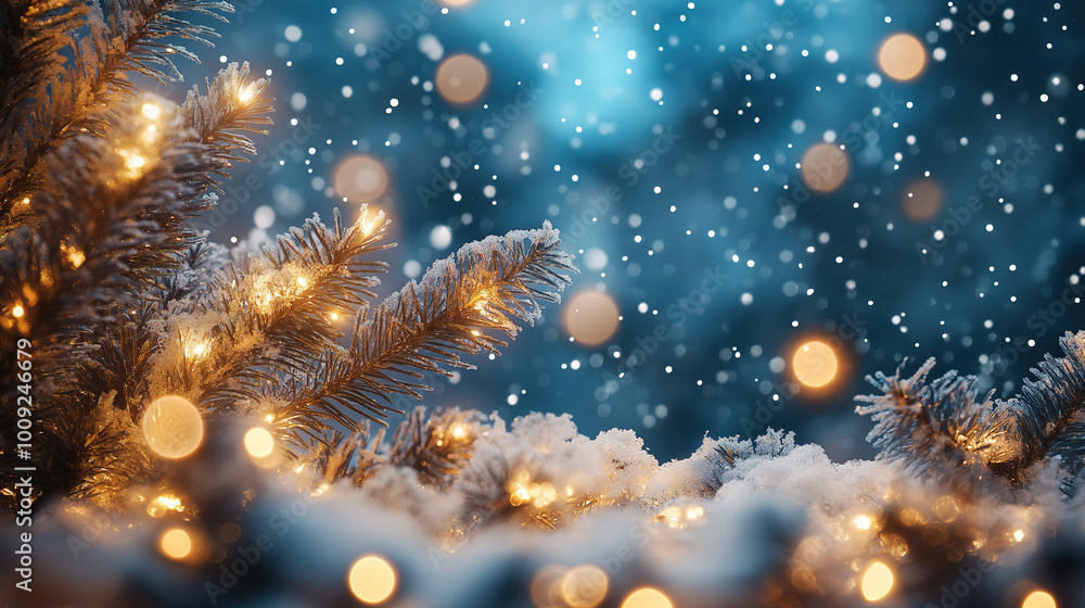Christmas background with fir tree, golden and red ornaments, pine cones, holly leaves, stars, lights, reflections, shiny background Christmas background with fir tree, golden and red ornaments, pine cones, holly leaves, stars, lights, reflections, shiny background