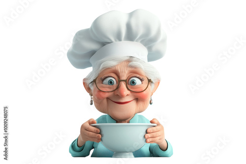 A cheerful grandmother chef presenting her delightful culinary creation in a kitchen, on the transparent background. PNG Format photo