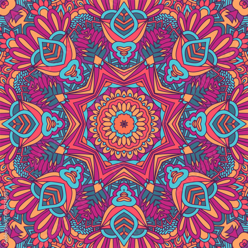 Festive seamless pattern ornamental. Ethnic geometric medallion print. Colorful repeating background texture. Mexican psychdedlic mandala pattern