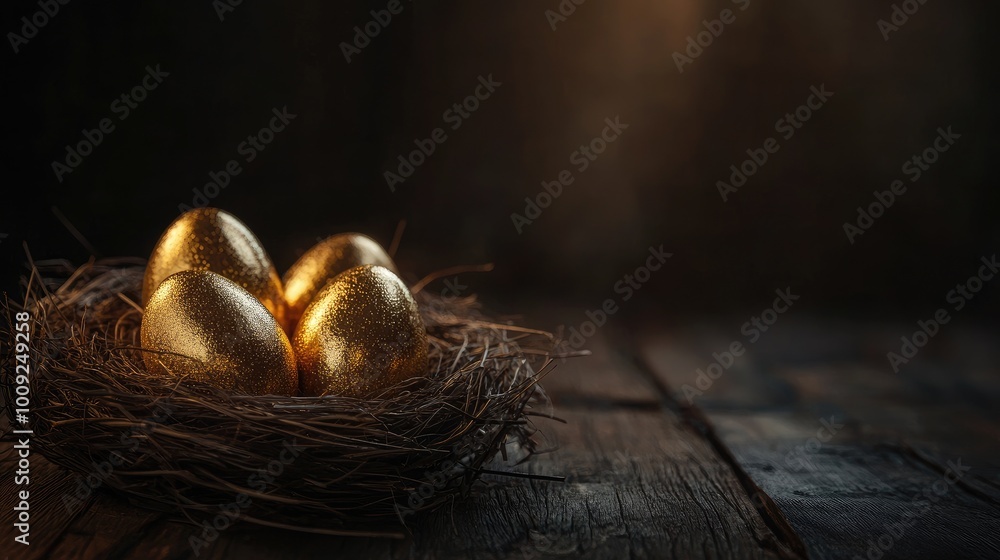 A nest of shiny golden Easter eggs sitting on a rustic wooden table, with a dark vintage background and space for text or design. A nest of shiny golden Easter eggs sitting on a rustic wooden table, with a dark vintage background and space for text or design.