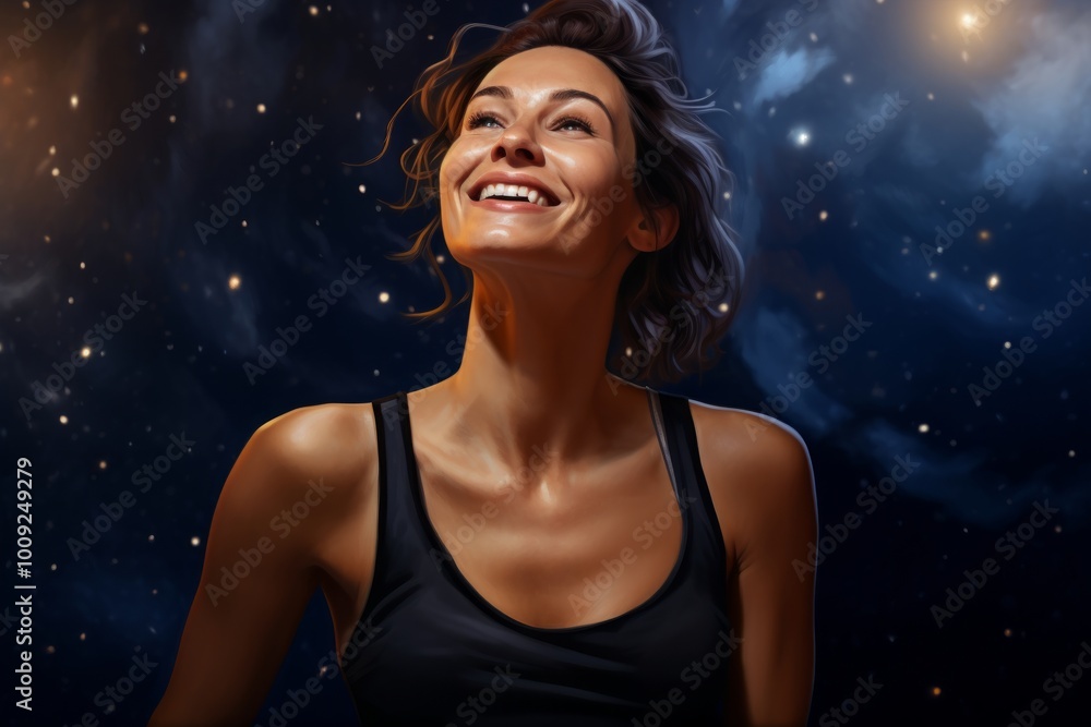 Portrait of a joyful woman in her 30s dressed in a breathable mesh vest in front of backdrop of starlit galaxies Portrait of a joyful woman in her 30s dressed in a breathable mesh vest in front of backdrop of starlit galaxies
