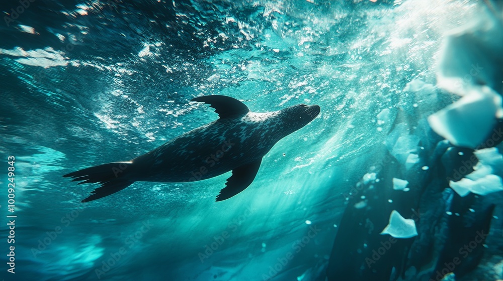 A seal gracefully swims beneath the shimmering surface of the water, surrounded by floating ice and vibrant light. A seal gracefully swims beneath the shimmering surface of the water, surrounded by floating ice and vibrant light.