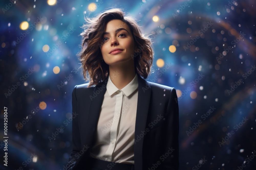 Portrait of a blissful woman in her 20s wearing a professional suit jacket in backdrop of starlit galaxies Portrait of a blissful woman in her 20s wearing a professional suit jacket in backdrop of starlit galaxies